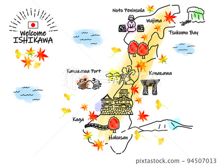 Simple line drawing illustration map of tourist spots in Ishikawa Prefecture in autumn Simple line drawing illustration map of tourist spots in Ishikawa Prefecture in autumn 94507013