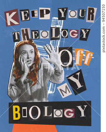 Contemporary art collage. Young woman over blue background. freedom of woman's choice. Protection of rights 94507150