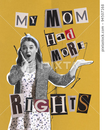 Contemporary art collage. Young beautiful woman talking about women's rights. Equality of gender Contemporary art collage. Young beautiful woman talking about women's rights. Equality of gender 94507168