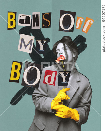Contemporary art collage. Young woman in jacket and flower claiming on women's freedom to choose how to live 94507172