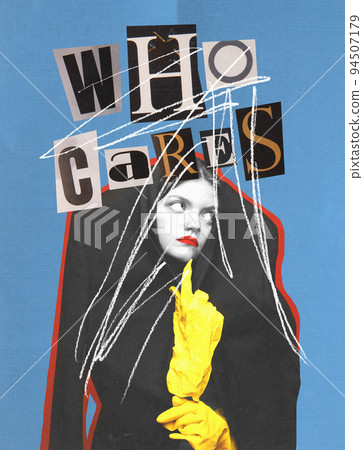 Contemporary art collage. Young girl covering herself with jacket. Escaping opinion of others Contemporary art collage. Young girl covering herself with jacket. Escaping opinion of others 94507179