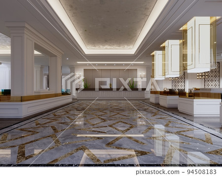 Hotel foyer with reception desk and columns in classic interior design. 94508183