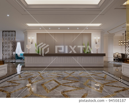 Hotel foyer with reception desk and columns in classic interior design. 94508187