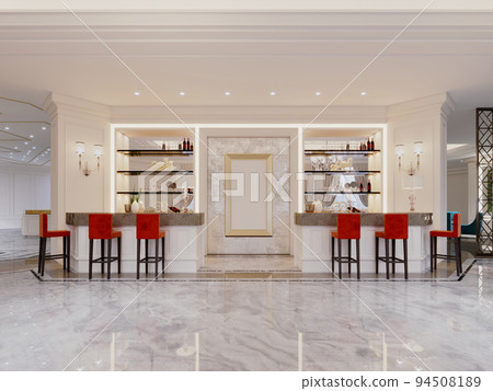 Bar area in a restaurant with a bar counter and shelves with drinks and red bar stools. 94508189