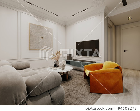 Living room in a studio apartment in a modern style with a puffy sofa and an orange armchair with a coffee table with decor. Living room in a studio apartment in a modern style with a puffy sofa and an orange armchair with a coffee table with decor. 94508275