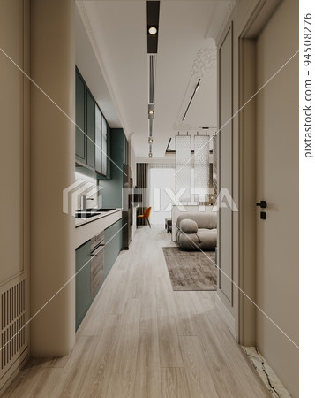 Modern minimalist kitchen with gray and white kitchen fronts and terrazzo backsplash. Modern minimalist kitchen with gray and white kitchen fronts and terrazzo backsplash. 94508276