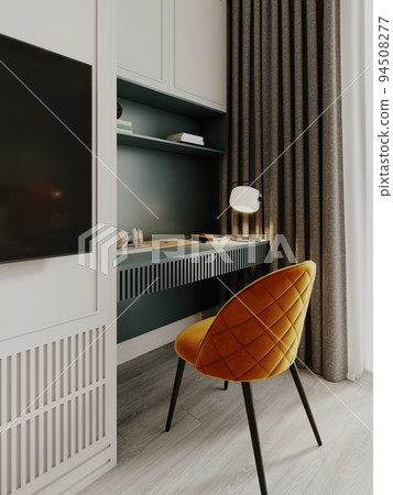 A TV and a working gray dressing table with an orange chair in the bedroom. A TV and a working gray dressing table with an orange chair in the bedroom. 94508277