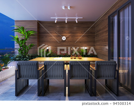 Outdoor balcony veranda with modern outdoor furniture table and chairs in the evening light. 94508314