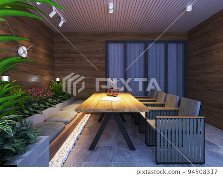 Outdoor balcony veranda with modern outdoor furniture table and chairs in the evening light. 94508317