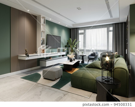 Contemporary living room with green walls and green elements in the interior and a green sofa and planks on the walls. 94508331