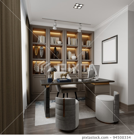 Office cabinet with cabinet shelves with office decor and work desk and two side chairs in contemporary style. Office cabinet with cabinet shelves with office decor and work desk and two side chairs in contemporary style. 94508334
