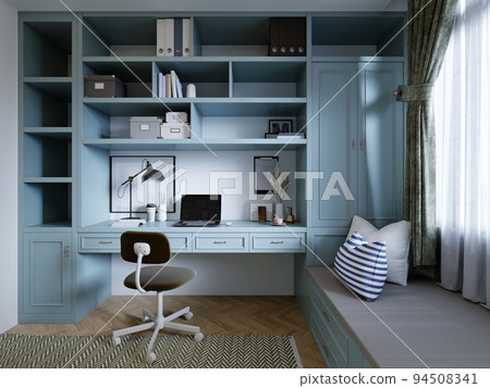 Workplace of a teenager in a children's room with light blue furniture with shelves and a work table. 94508341