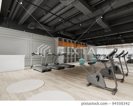 Small gym design with treadmills and exercise bikes in black and white. Small gym design with treadmills and exercise bikes in black and white. 94508342