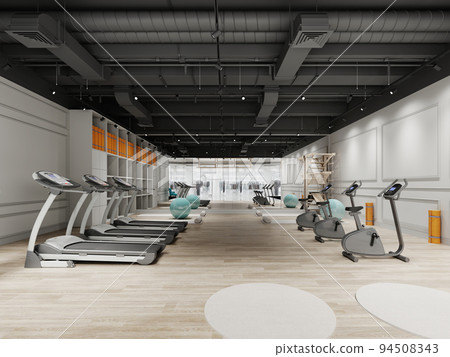 Small gym design with treadmills and exercise bikes in black and white. Small gym design with treadmills and exercise bikes in black and white. 94508343
