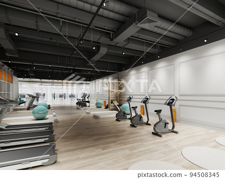 Small gym design with treadmills and exercise bikes in black and white. 94508345