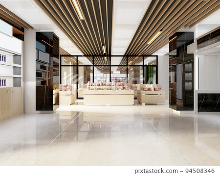 Interior design of a perfumery and cosmetics store in white and black with golden elements. 94508346