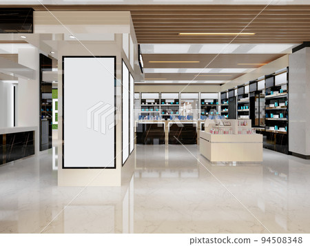 Interior design of a perfumery and cosmetics store in white and black with golden elements. 94508348