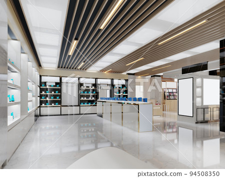 Interior design of a perfumery and cosmetics store in white and black with golden elements. 94508350