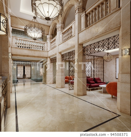 The lobby of a luxury hotel in Arabic style with high ceilings, columns and a reception desk with a seating and waiting area. 94508371