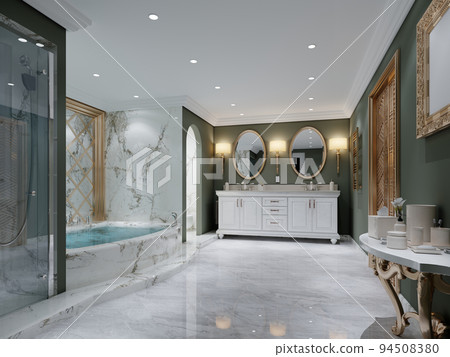 Bathroom with green walls and white double washbasin with two oval mirrors. 94508380