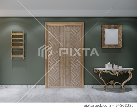 Frontal view of a luxurious designer golden door with a console with a marble top with decor and golden legs and a heated towel rail against a green wall. Frontal view of a luxurious designer golden door with a console with a marble top with decor and golden legs and a heated towel rail against a green wall. 94508383