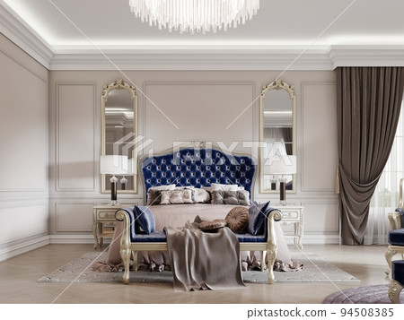 Luxurious classic bedroom with borocco furniture in a light interior with beige walls with dark blue furniture and golden furniture trim. 94508385