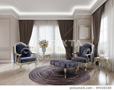 Brocco upholstered armchairs with golden edging and side tables carved with a soft side table in a classic interior. 94508389