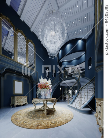 Foyer entrance hall with a carved table with a bouquet in the center with a large crystal chandelier in a classic interior with dark blue walls. 94508398
