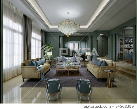 Living room with dark green walls and columns with yellow sofas, seating area with TV. 94508399