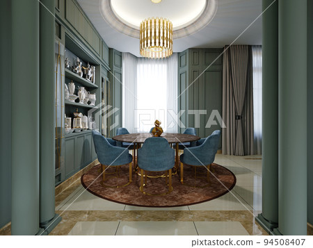 Dining room with a round table with blue chairs... - Stock Illustration ...