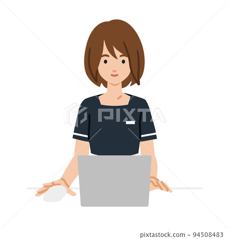 一位坐在辦公桌前使用 PC 的女性美容院店員、接待員和服務員 94508483