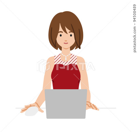 穿著裙子的女人坐在辦公桌前使用 PC 94508489