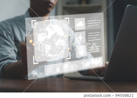 Businessman touching screen virtual icon eco energy sustainable environment digital technology concept. Businessman touching screen virtual icon eco energy sustainable environment digital technology concept. 94508621