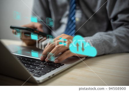 ftp file Transfer Protocol computer database download service folder software business backup recovery infrastructure glowing exchange information data internet cloud technology online laptop. 94508900