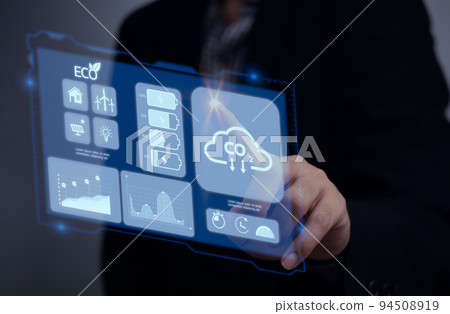 Businessman touching screen virtual icon eco energy sustainable environment digital technology concept. 94508919
