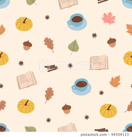 Autumn seamless pattern with leaves, book, cup of coffee, pumpkin and cinnamon. Fall hand draw vector illustration with cute elements and seasonal symbols. Packaging paper design 94509113