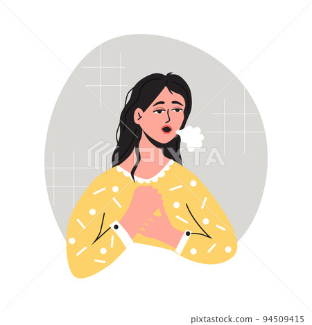Difficult breathing, women have a heart palpitations dyspnea and suffering for this. Flat vector illustration. Healthcare, pain, sickness, disease concept, isolated on a white background Difficult breathing, women have a heart palpitations dyspnea and suffering for this. Flat vector illustration. Healthcare, pain, sickness, disease concept, isolated on a white background 94509415