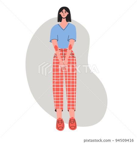 Woman showing arms, she suffering from eczema and feelling pain. Flat vector illustration. Healthcare, pain, sickness, disease concept Woman showing arms, she suffering from eczema and feelling pain. Flat vector illustration. Healthcare, pain, sickness, disease concept 94509416