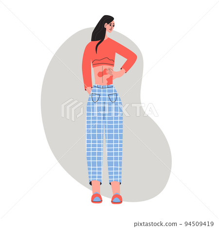 Woman has eczema on her back, she suffering and feelling pain. Flat vector illustration. Healthcare, pain, sickness, disease concept Woman has eczema on her back, she suffering and feelling pain. Flat vector illustration. Healthcare, pain, sickness, disease concept 94509419