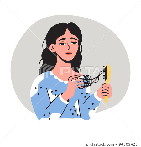 Young woman with a comb in hand, girl suffering from Hair loss, alopecia in young age . Flat vector illustration. Healthcare, hair problems, baldness, disease concept, isolated on a white background 94509425