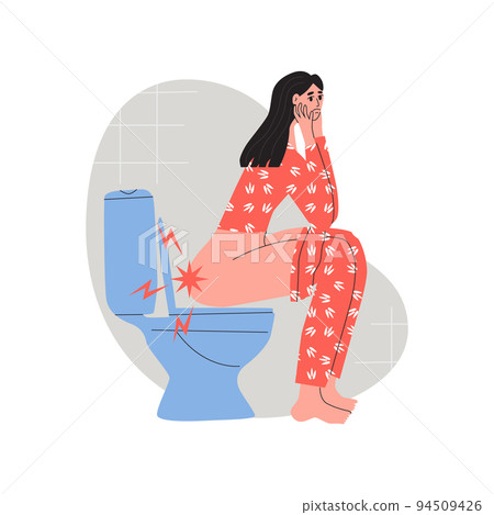 Young woman in slepwear sitting on the toilet and suffering from hemorrhoids. Flat vector isolated illustration 94509426