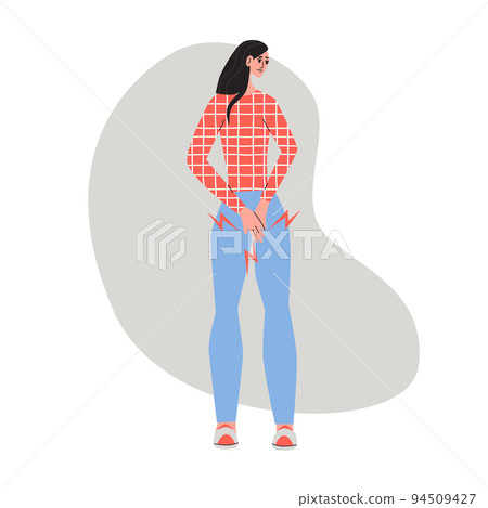 Young woman in blue jeans and a red sweater in a cage suffering from hemorrhoids. Flat vector illustration. Healthcare, pain, sickness, disease concept, isolated on a white background 94509427