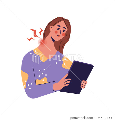 Tek neck or office syndrome. Young women feeling pain on neck becouse of wrong ergonomic and long time looked at tablet. Flat vector illustration. isolated on a white background 94509433