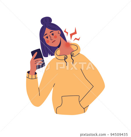 Tek neck or office syndrome. Young women feeling pain on neck becouse of wrong ergonomic and long time looked at phone. Flat vector illustration. isolated on a white background 94509435