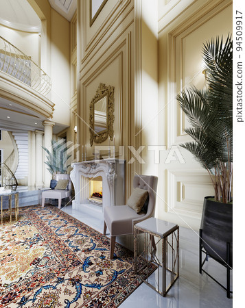 Luxurious white marble fireplace with a burning fire with two chairs in a yellow classic interior with high ceilings. 94509917
