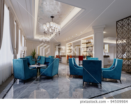 The design of the restaurant is in a classic style with bright chairs and round tables in hotel. 94509984