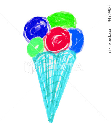 Waffle blue ice cream cone with multicolored balls on a white background, cute children's drawing with a felt-tip pen 94509985