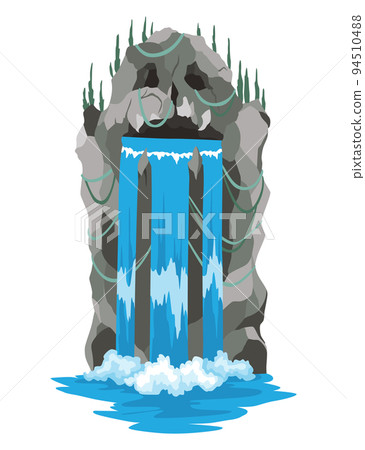 Cartoon river waterfall. Landscape with mountains and trees. Design element for travel brochure or illustration mobile game. Fresh natural water 94510488