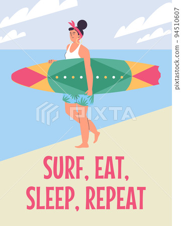 Poster with smiling woman holding surfboard and going along coast flat style Poster with smiling woman holding surfboard and going along coast flat style 94510607