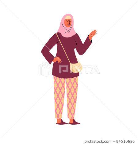Muslim women in closed clothes wearing hijab flat vector illustration isolated. 94510686